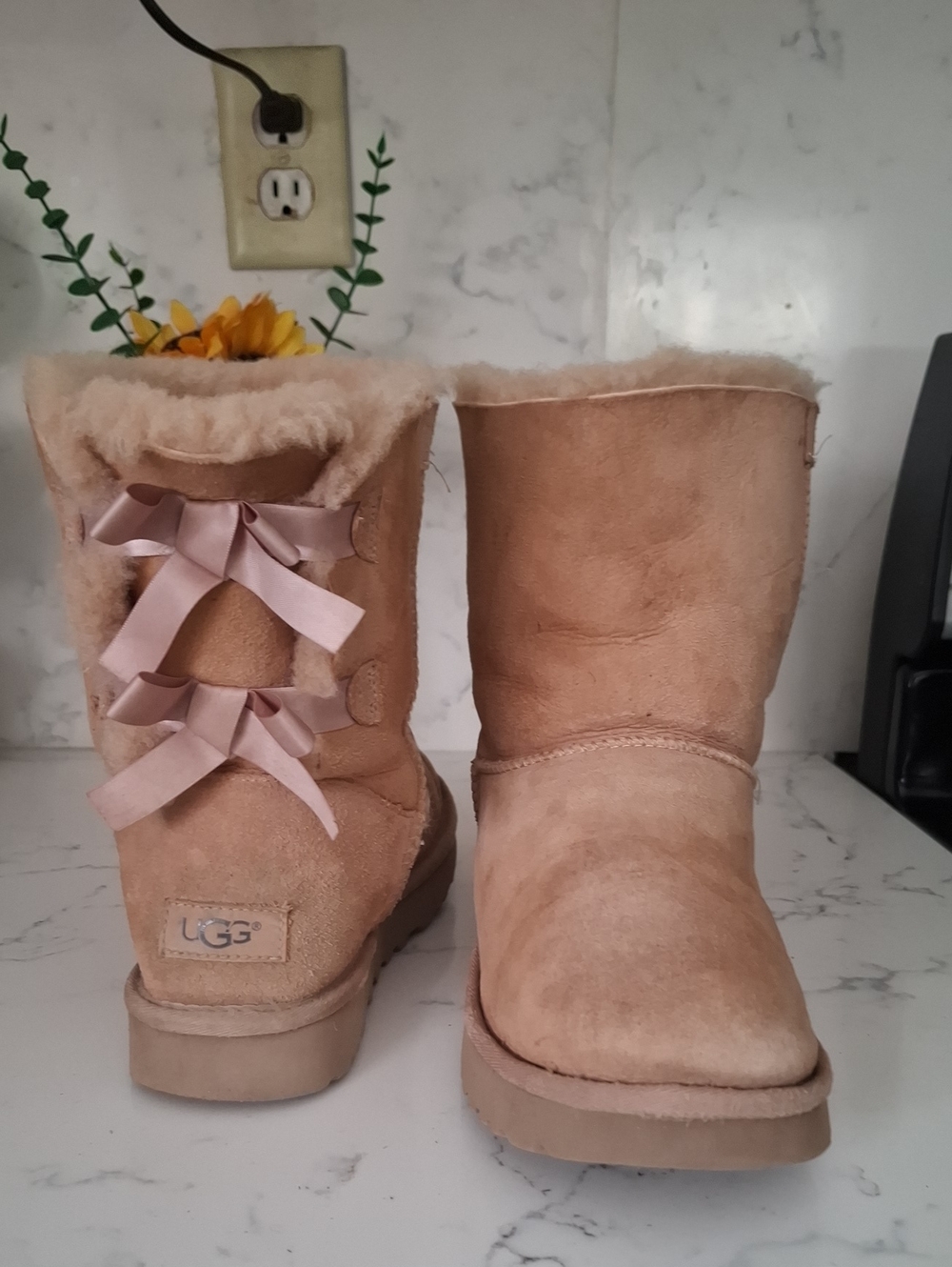 UGG Womens Chestnut Suede Short Boots with Pink Satin Bows